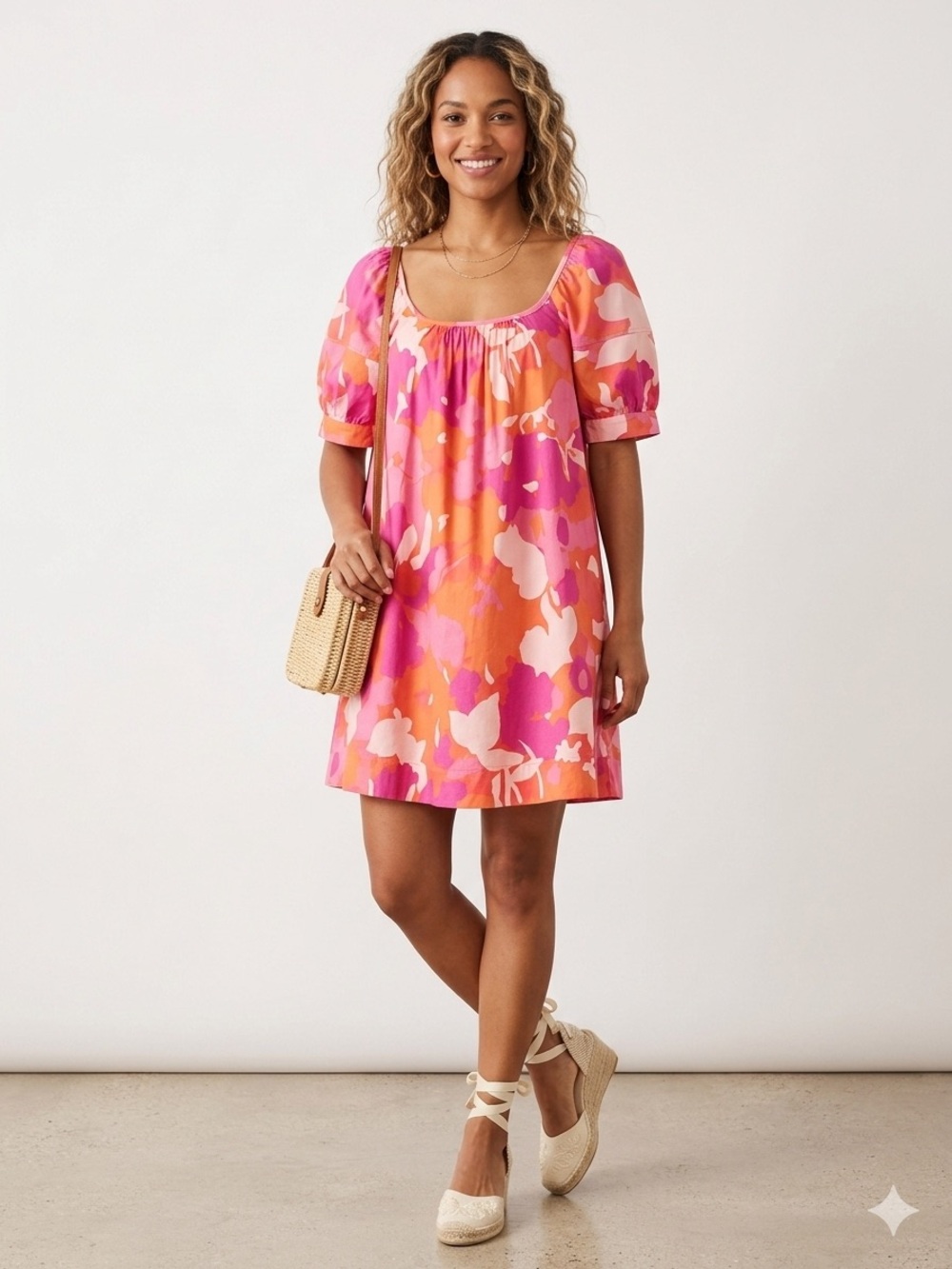 NWT Free Assembly Pink Orange Floral Puff Sleeve Square Neck Mini Dress Small